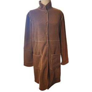 Susan Graver Reviserible Brown Fleece Coat Size XS Button Front Pockets Longline